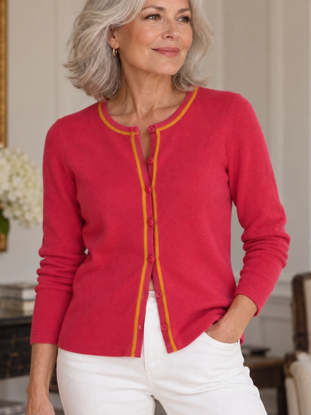 Linda Allard Ellen Tracy 100% Cashmere Cardigan Sweater Pink & Gold Trim S